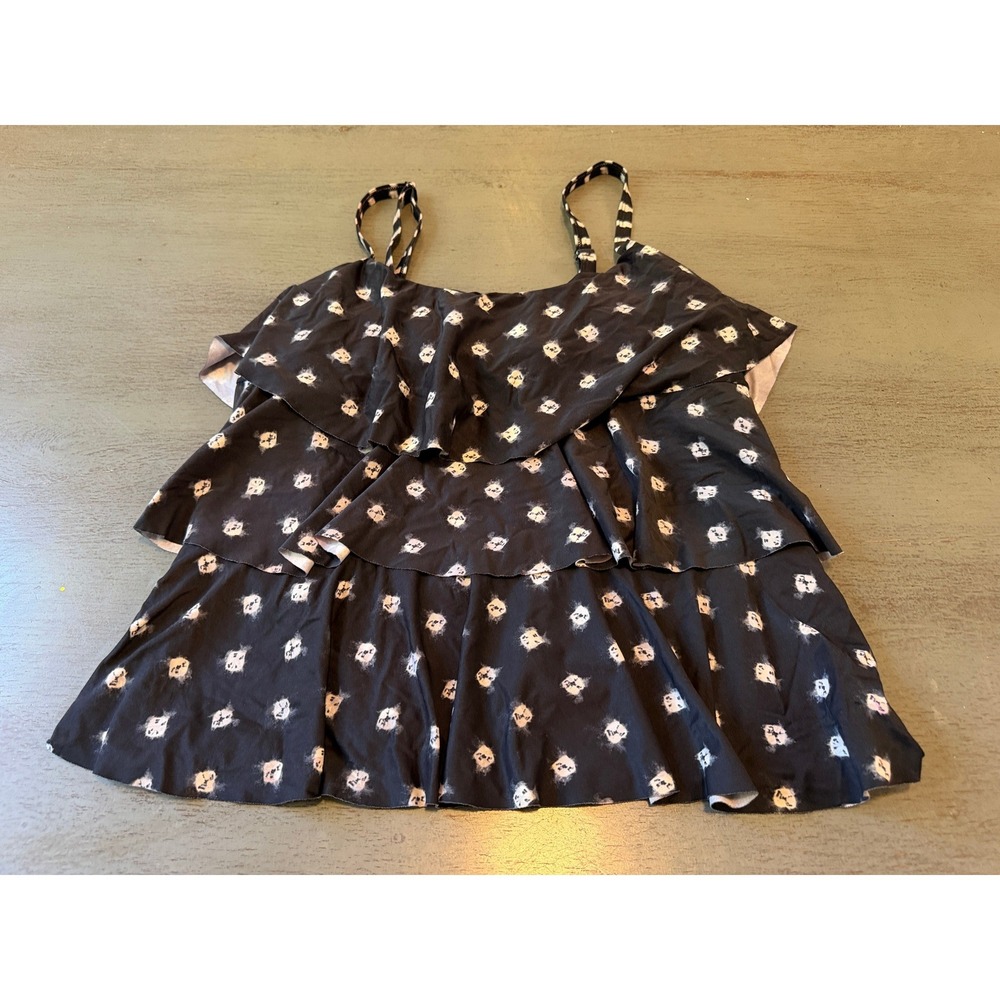 Beach House Womens Black White Ruffle Tankini Swim Top Polka Dot Size 14